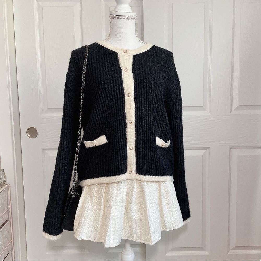 J.ing fuzzy ribbed cardigan with cream contrasting details